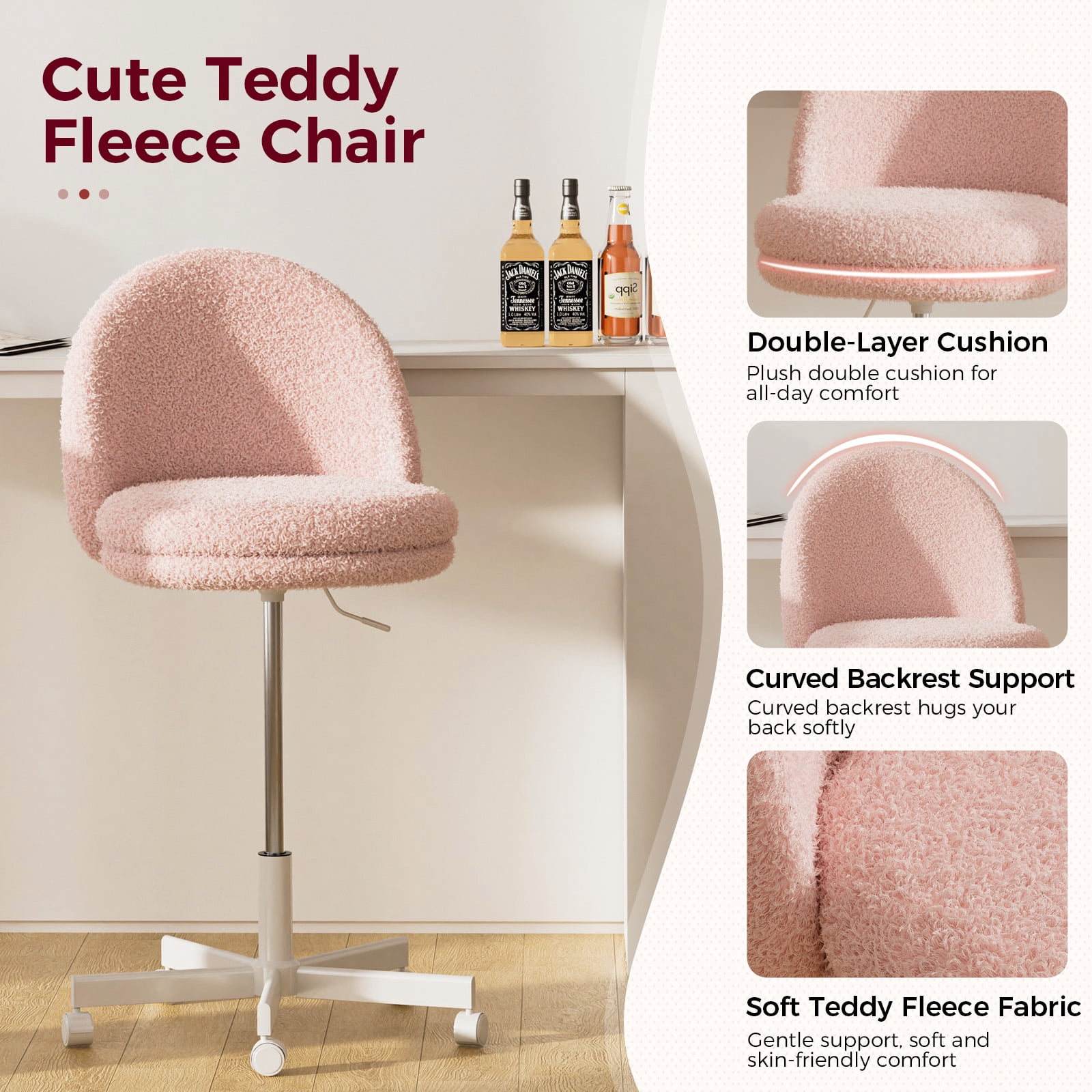 CloudRest Pro Vanity Chair with Back & Wheels, Adjustable Swivel Velvet Stool for Bedroom, Home Office, Pink