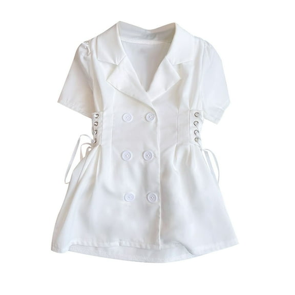 Girls Suit Dresses Chiffon Size 1-11 Toddlers Kids Elegant Short Sleeve Double-Breasted Collared Solid Drawstring Slim-Fit Mini Dress