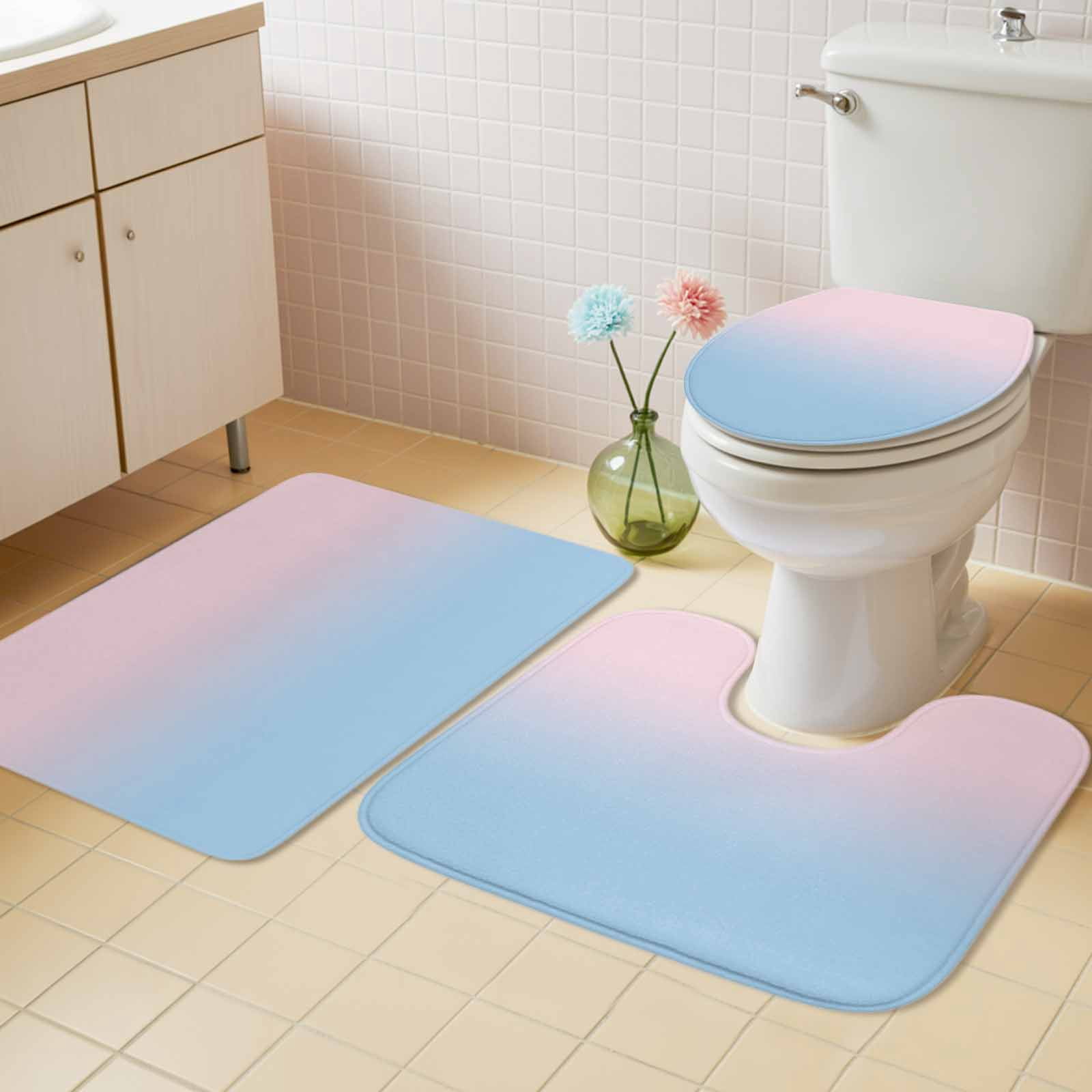 Pink Blue Ombre Bath Mat 3 Piece Bathroom Rug Set, Pink Gradient Color Modern Abstract Art Non Slip Bath Rug Contour Mat and Toilet Lid Cover, Absorbent Shower Mats Soft Bath Rugs and Mats Sets