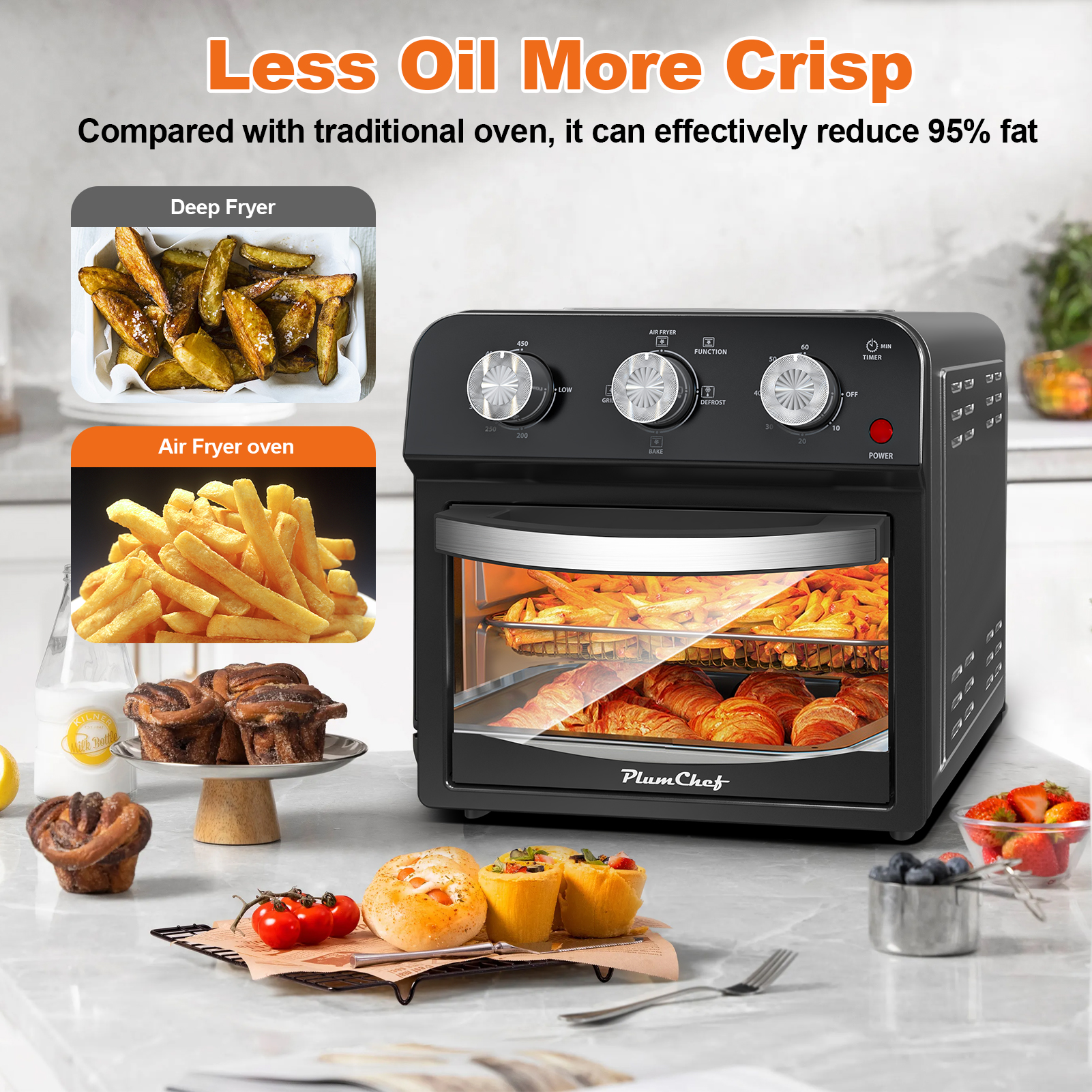 PlumChef 13 Quart 4 Slices Air Fryer Convection Toaster Oven, 1500W, 4 Cooking Modes, 7 in 1 Multifunction with Roast, Bake, Grill, Broil, Toast, Dehydrate, Defrost, Stainless Steel