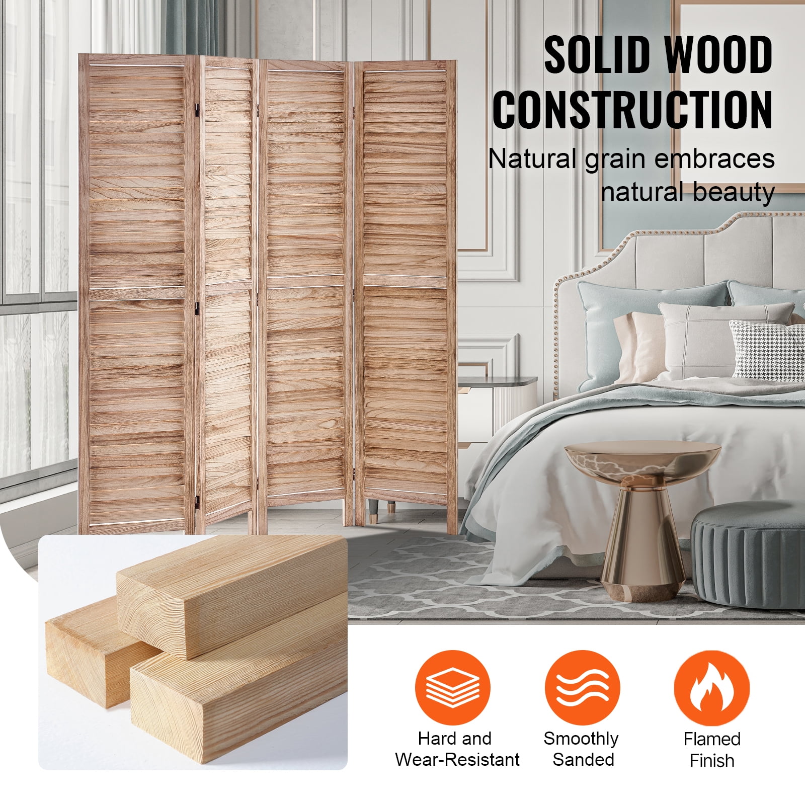 KFFKFF 4-Panel Wooden Room Divider, 66.9*63.8 Inch Folding Privacy Screen, Indoor Louvered Partition for Home, Office, Bedroom, Restaurant, and Room Separation