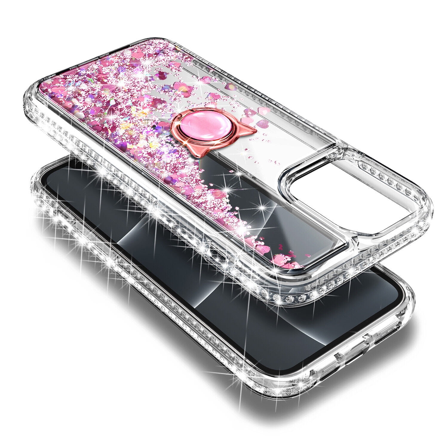 Case for iPhone 14 Pro, Moving Liquid Holographic Glitter Case with Kickstand, Women Slim Protective Case, Clear