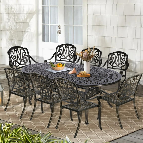 9-Piece Patio Cast Aluminum Dining Set, Outdoor Dining Furniture Set for 8 Person, Includes 84" Oval Table and 8 Chairs with Umbrella Hole for Patio Deck Garden