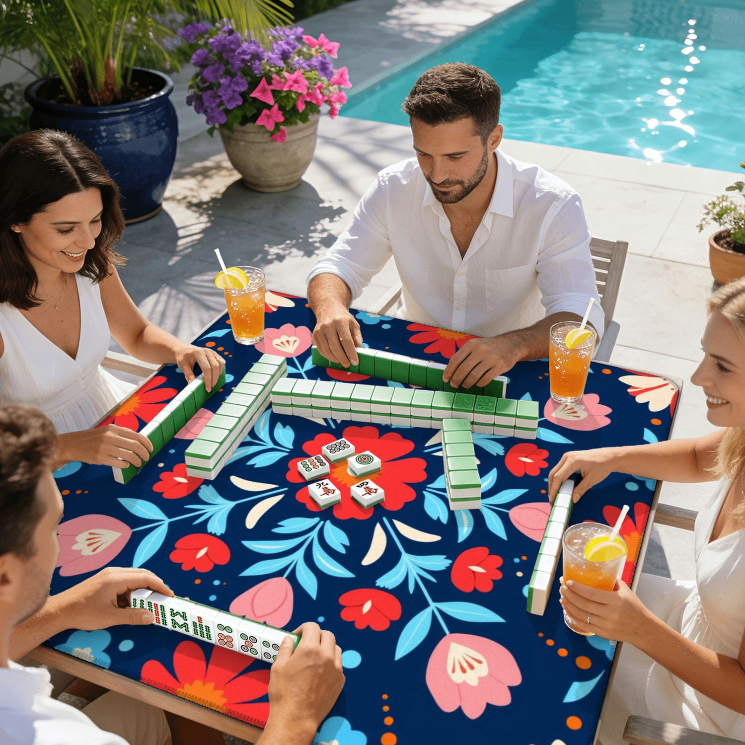 Mahjong Mat 31.5" x 31.5" Symmetrical Floral Folk Red Pink Flowers Dark Blue Non-Slip Noise Reduction American Mahjong Tiles Table Cover for Dominoes Poker Card Board Games Gift