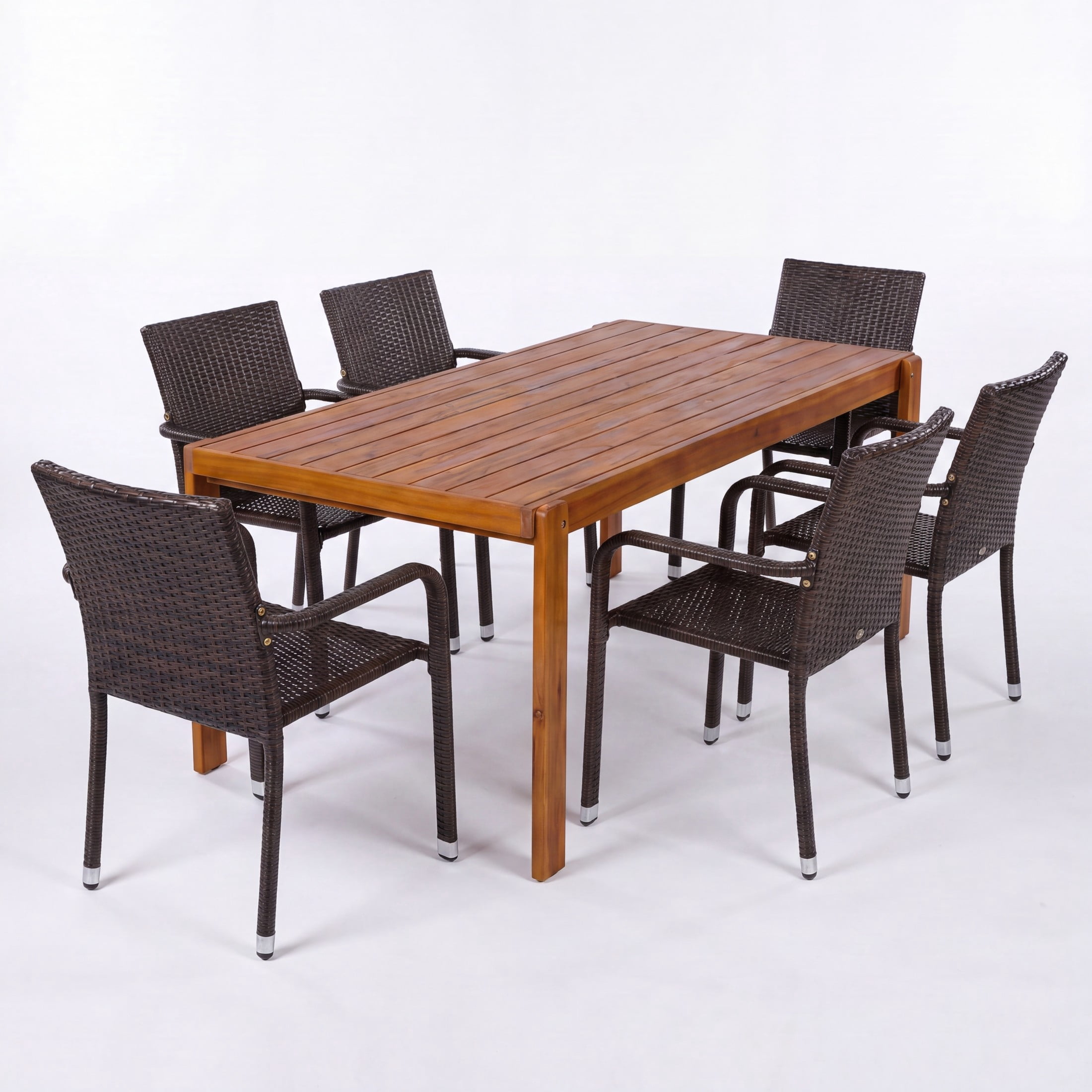 Christopher Knight Home 7-Piece Modern Outdoor Dining Set, Wood Table and Wicker Armchairs, Teak+Dark Brown