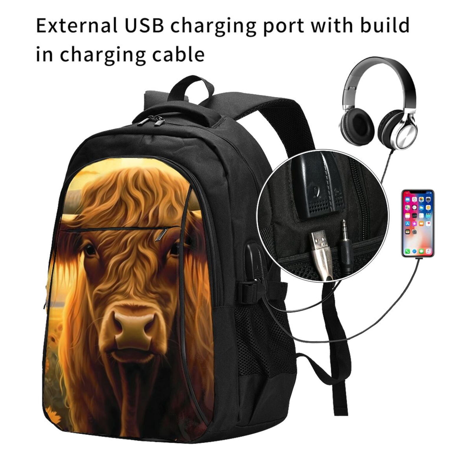 Vsdgher Sunset Sunflower Cow A Print Travel Laptop Backpack, Laptops Backpack with USB Charging Port, Water Resistant Computer Bag Gift for Men & Women