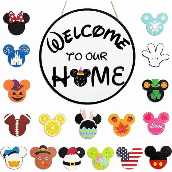 19-Piece Cute Mouse Holiday Welcome Doorplate Set - Interchangeable Holiday Decorations Suitable for Farmhouse/Wall/Porch Front Door Decorations, "Welcome Home" Housewarming Decorations