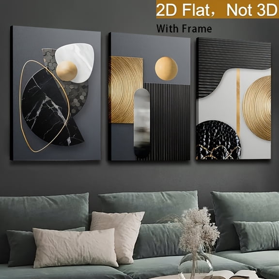 2D flat, Framed, 3pcs set of modern abstract canvas art prints with Golden and black geometric wall decor, waterproof and odorless, ideal for living room, bedroom, office, or home wall art,