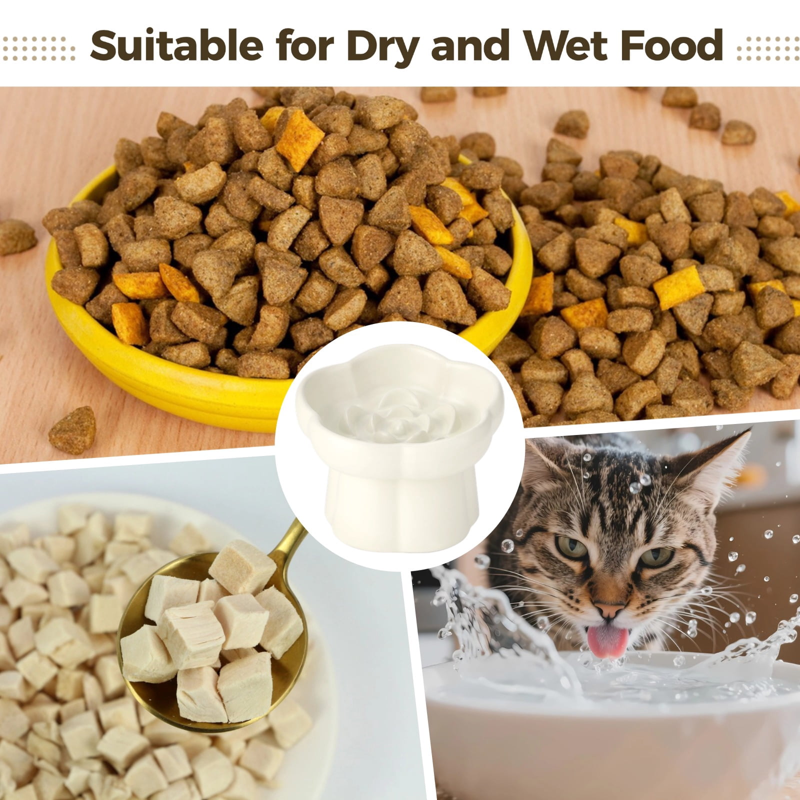 Ceramic Cat Bowl Slow Feeder, 6.8 oz Flower Shaped Elevated Cat Food Bowl with Non-Slip Base, Easy to Clean Raised Pet Dish Anti Vomiting for Dry and Wet Food