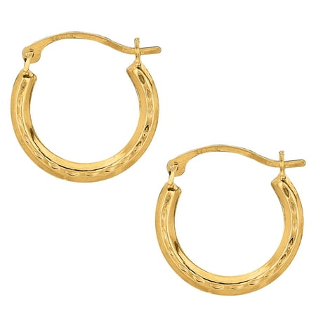 - 10k Yellow Gold Shiny Diamond Cut Round Hoop Earrings, Diameter 15mm