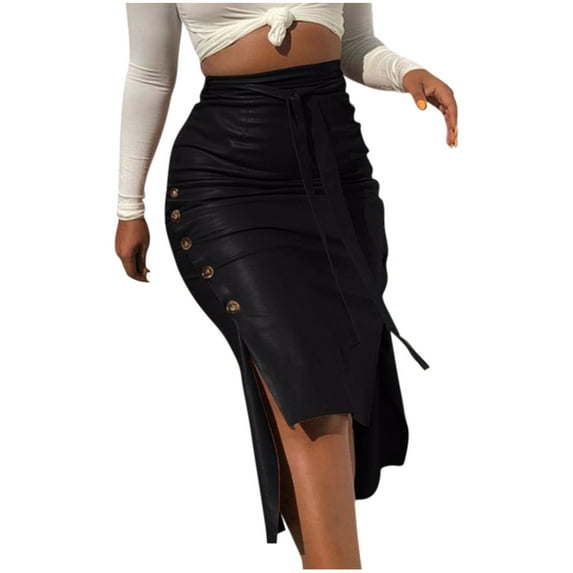 IROINNID Women's Skirt Fashion High Waist Casual Ladies Button Fit Leather Skirts Knee Elastic Waist Mid Solid Color Skirt