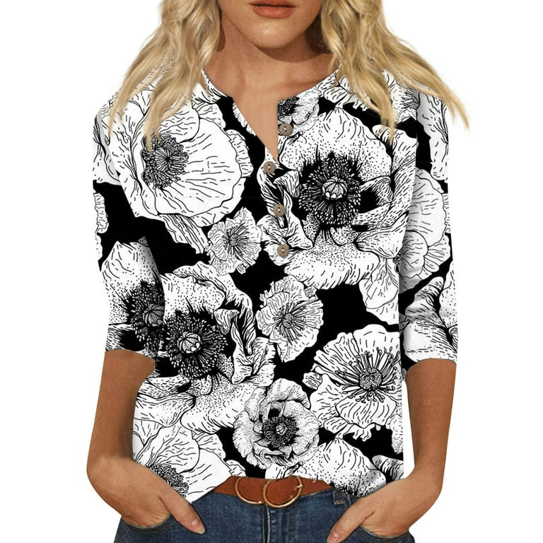 Sksloeg Womens Blouses, Botton Floral Printed 3/4 Sleeve Shirts Tops V Neck  Sheer Loose Fit Casual Shirt Blouses Top,White M 