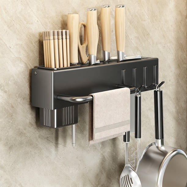 Portacuchillos de pared | Estante de cocina sin taladro con soporte para palillos | Organizador multifuncional para utensilios | Negro o gris | Tamaños disponibles: 30 cm, 40 cm y 50 cm