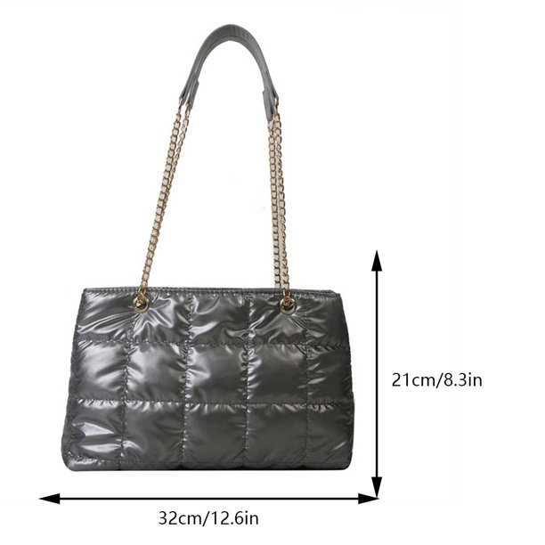 Bolso de hombro con decoración de cadena para mujer, bolso de mano acolchado de invierno, bolsos de compras (plateado)