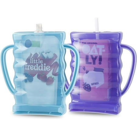 PandaEar 2 Pack Squeeze Proof Food Pouch Holder for Toddlers, Baby Pouch Holder with Handle for Food Pouches and Drink Juice Boxes, Blue/Purple