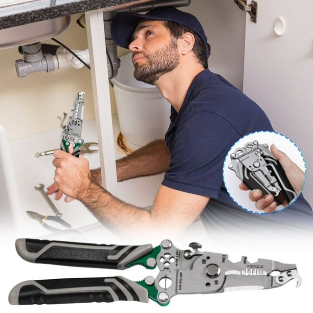 Pelacables, crimpadora y cortadora plegable multifuncional | Herramienta de precisión para electricistas | Acero de alto carbono | Mango ergonómico antióxido | Desbloqueo automático | Alicates