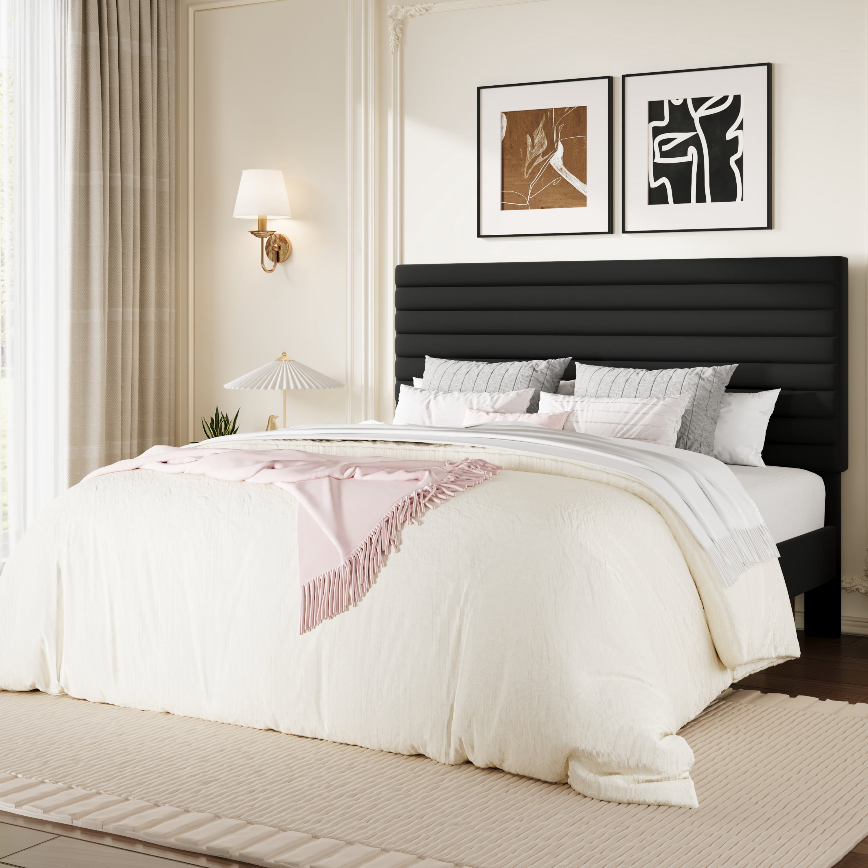 Sha Cerlin Full Size Platform Bed Frame with Velvet Adjustable Headboard, No Box Spring Needed, Black