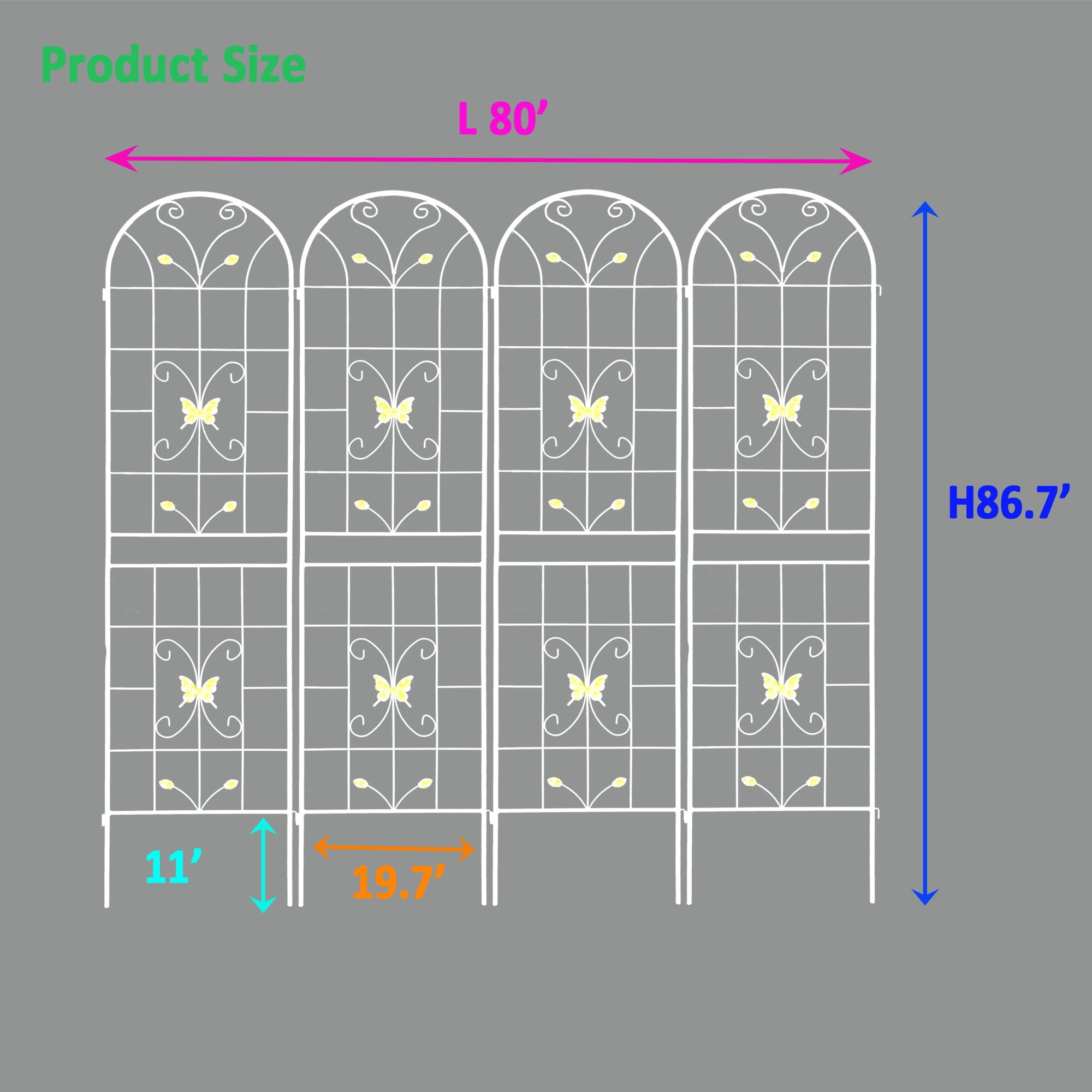 Miniyam 4 Pack 86.7x19.7in Arch Garden Trellis with White Metal Coating – Perfect for Supporting Climbing Plants Outdoor(Butterfly White)