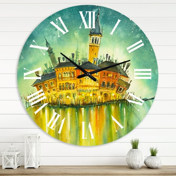 Designart 'Idyllic Island Of Venice At Night' Modern Wall Clock