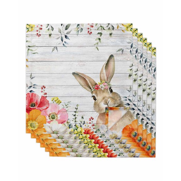 Bunny Easter Cloth Napkins Set of 6 Reusable Dinner Napkins, Eucalyptus Spring Floral Farmhouse Wooden Cocktail Napkin Washable Table Napkins for Wedding/Holiday Party/Baby Shower 20"x20"