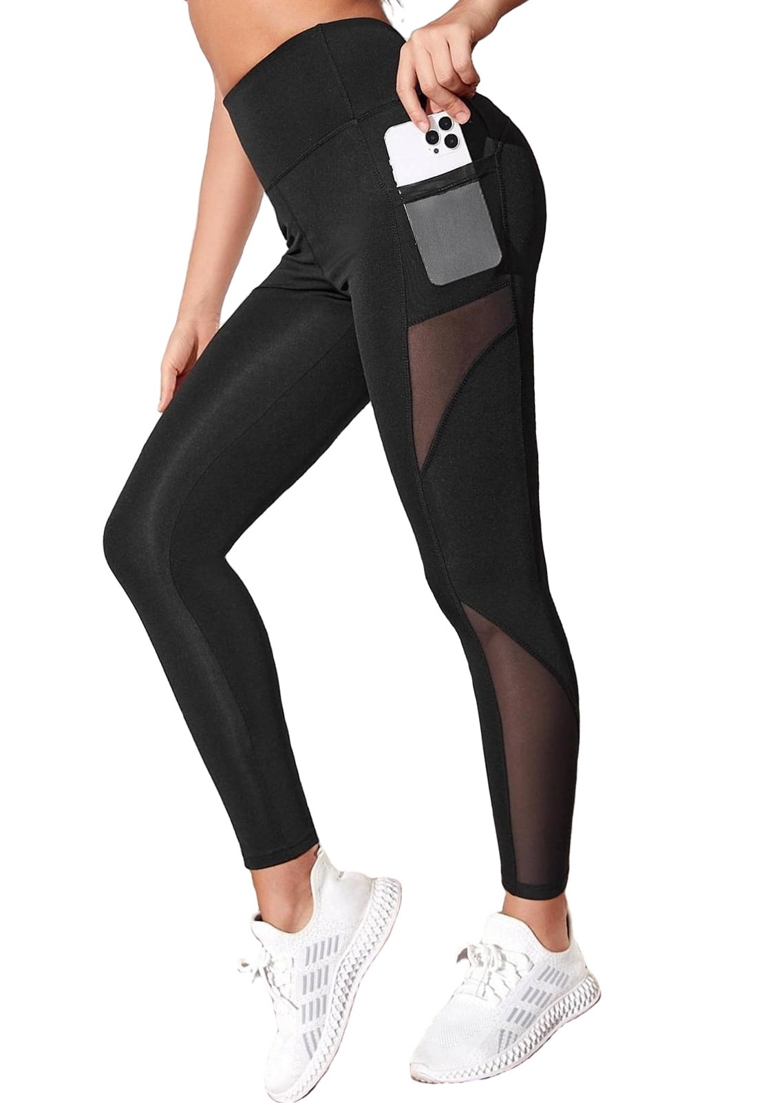 Plain Regular Black Cropped Women's Sports Leggings With Phone Pocket
