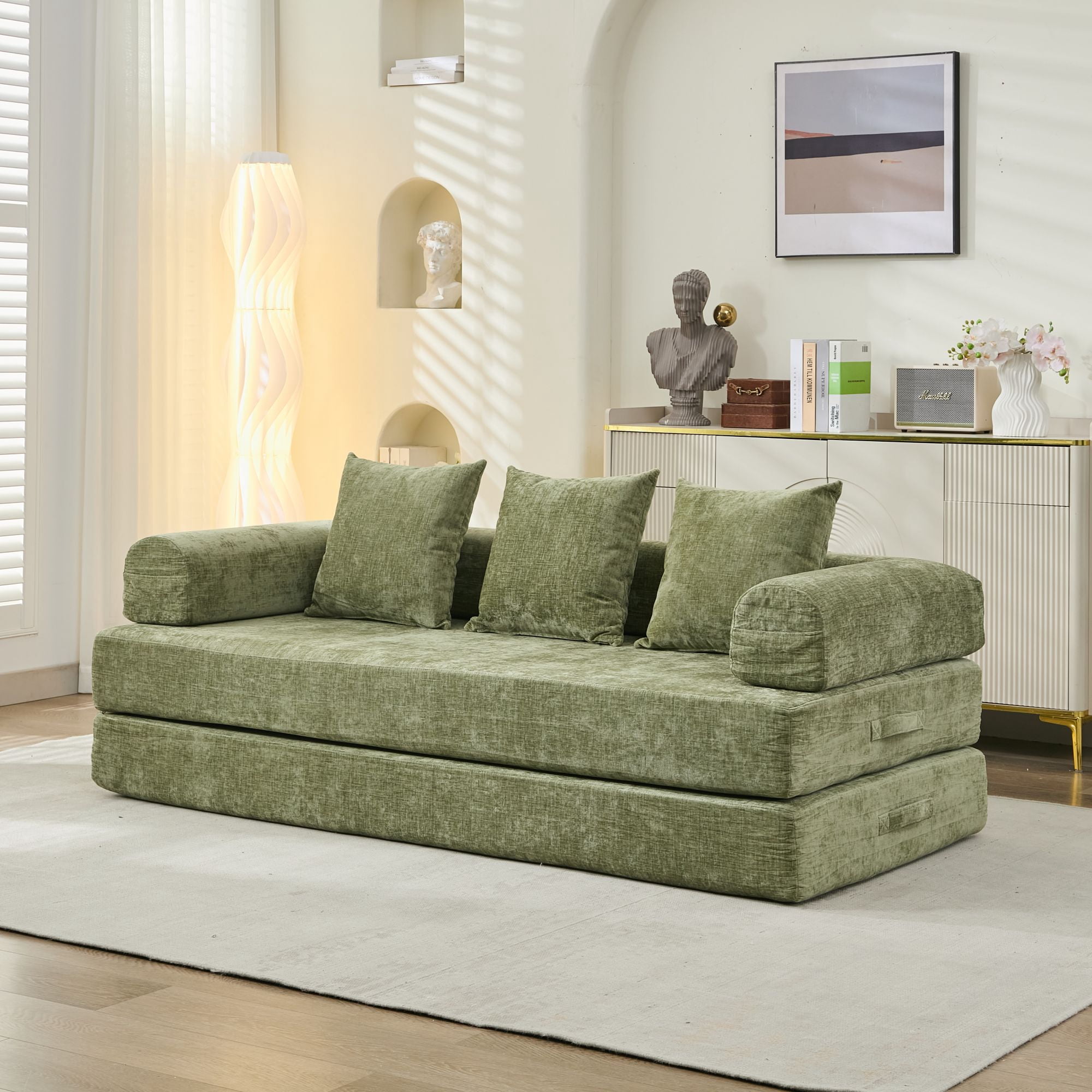 Yoneston 78.8" Convertible Chenille Sleeper Sofa, Modular Multi-Functional Floor Sofa Bed with Pillows for Living Room, Bedroom, Green