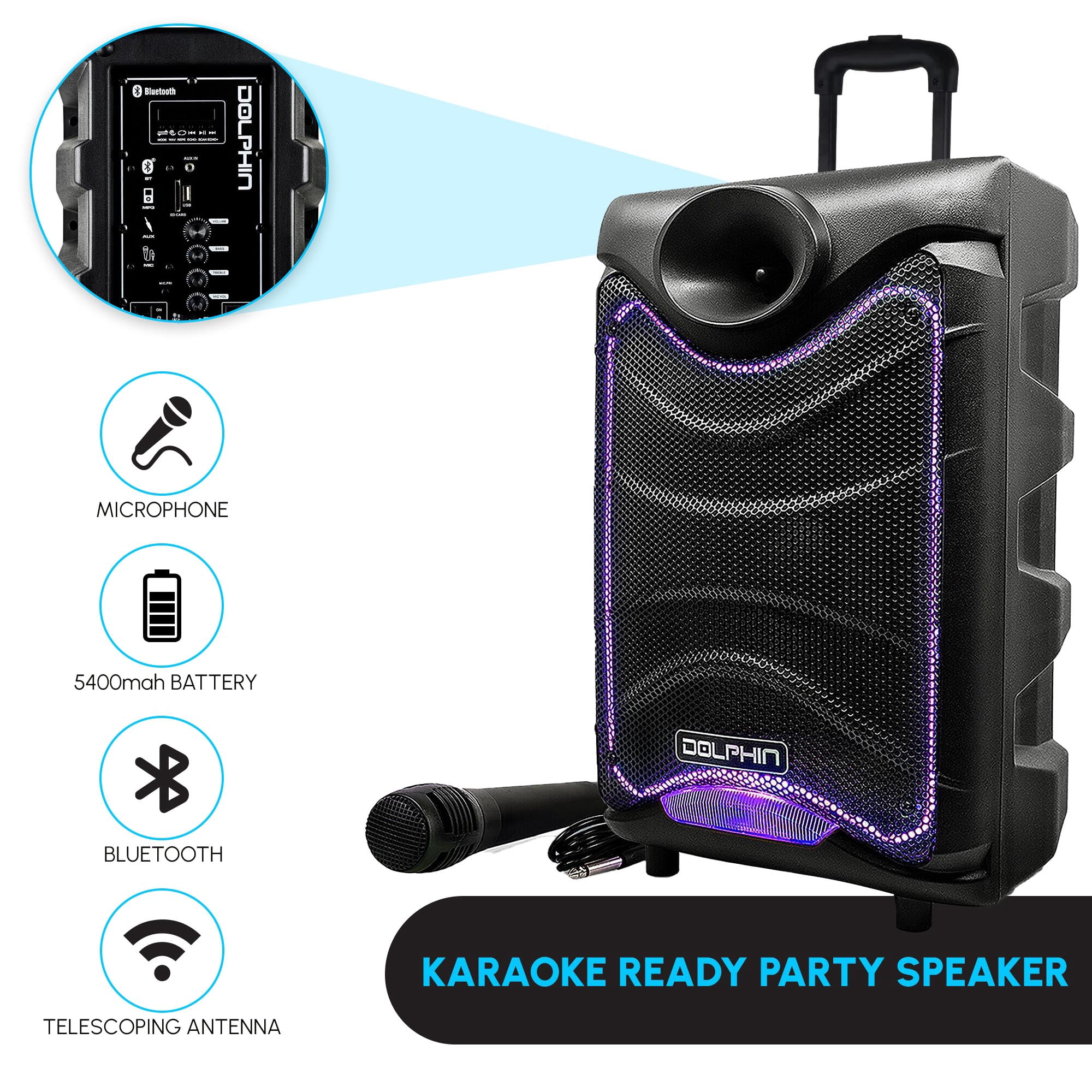 Dolphin SP-850RBT 8-in Portable Bluetooth Party Speaker with Mic, Lights, FM Radio, USB, Rechargeable Battery