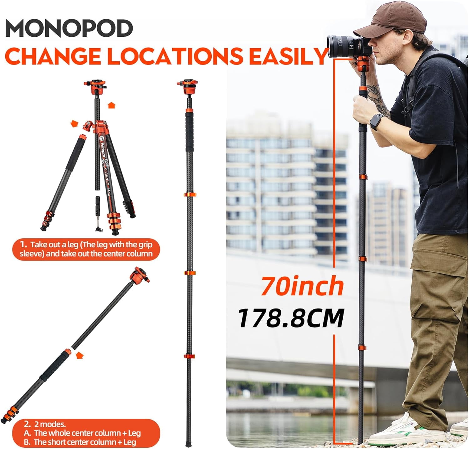 Fotopro X-Airfly Max 65.4" Carbon Fiber Ball Head Tripod, Detachable Monopod, Lightweight Compact Camera Tripod Stand for Travel, Low Angel Shooting, Hidden Phone Clip, Max Load 22 lbs, Orange