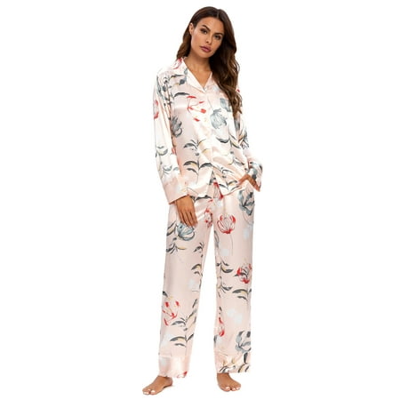 

MintLimit Womens Silk Satin Pajamas Set Button Down Pjs Floral Long Sleeve Sleepwear Lady Nightwear Soft Lounge Sets XXXL