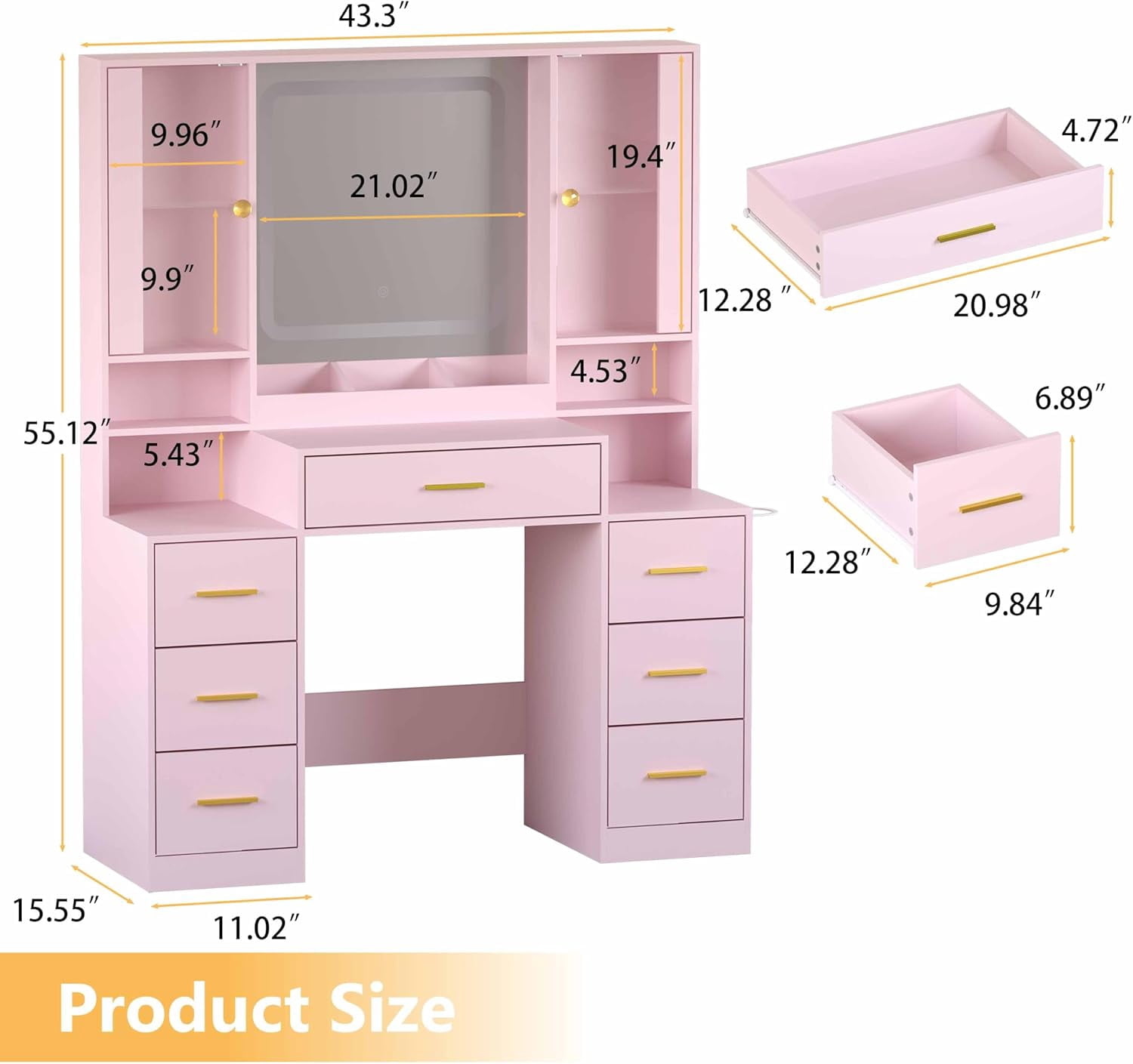 FANRAL Large Vanity Desk with LED Lighted Mirror & RGB Glass Cabinets,Built-in Charging Station & 7 Drawers,Modern Dressing Table for Bedroom Beauty Spaces,Pink Vanity