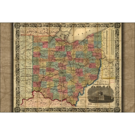 24"x36" Gallery Poster, railroad & township map of the state of Ohio 1854