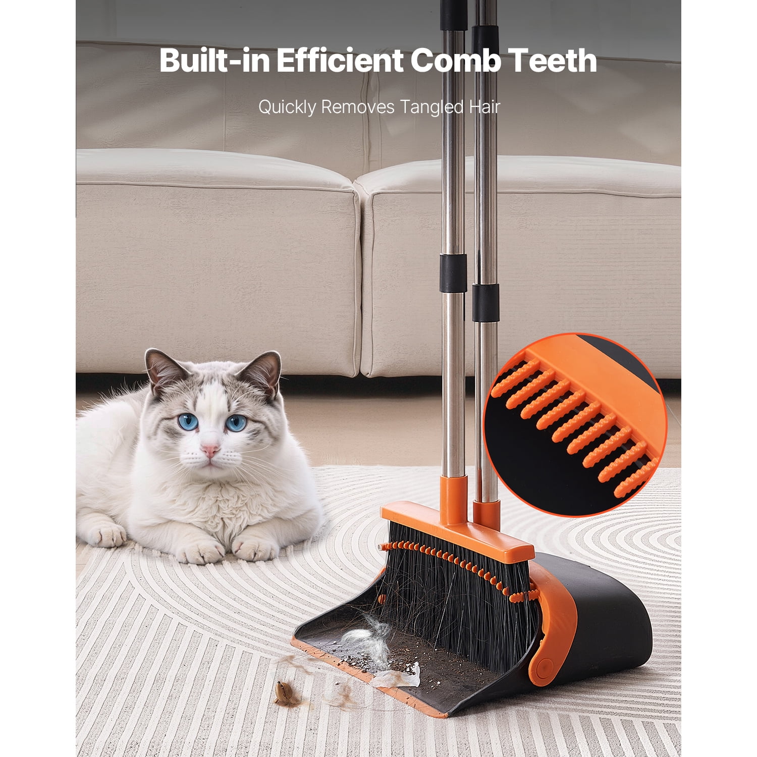 KFFKFF Broom and Dustpan Set, Durable Combo with Self-Cleaning Teeth, Upright Standing Dustpan with Long Metal Handle, Suitable for Home, Office, Restaurant, Dorm, Black and Orange