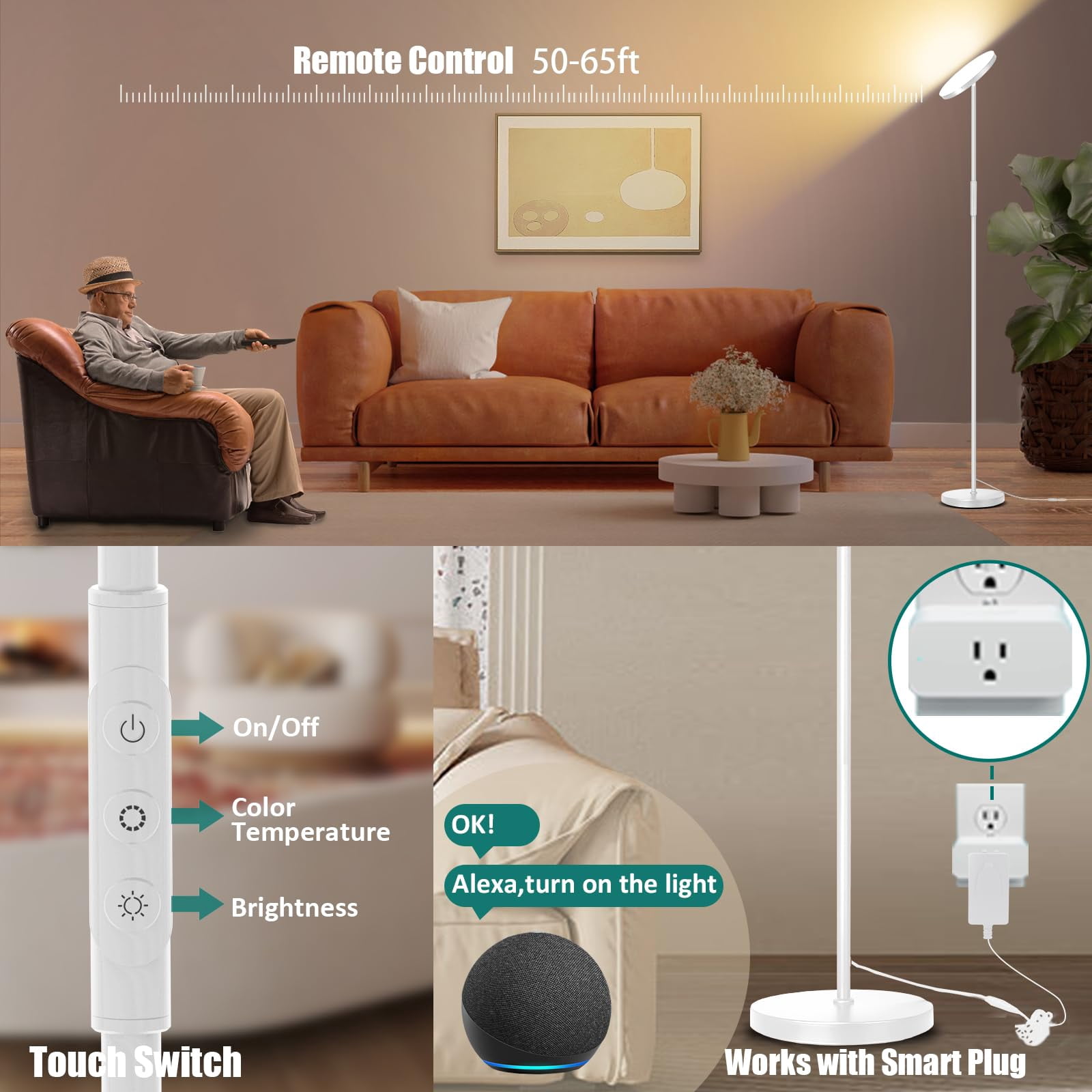 Floor Lamp  Upgraded 40w 4000lm Super Bright Torchiere Led Lamps For Living Room Stepless Dimmable Color Temperature 2700k-6500k With Remote & Touch Control Standing Light (40w White)