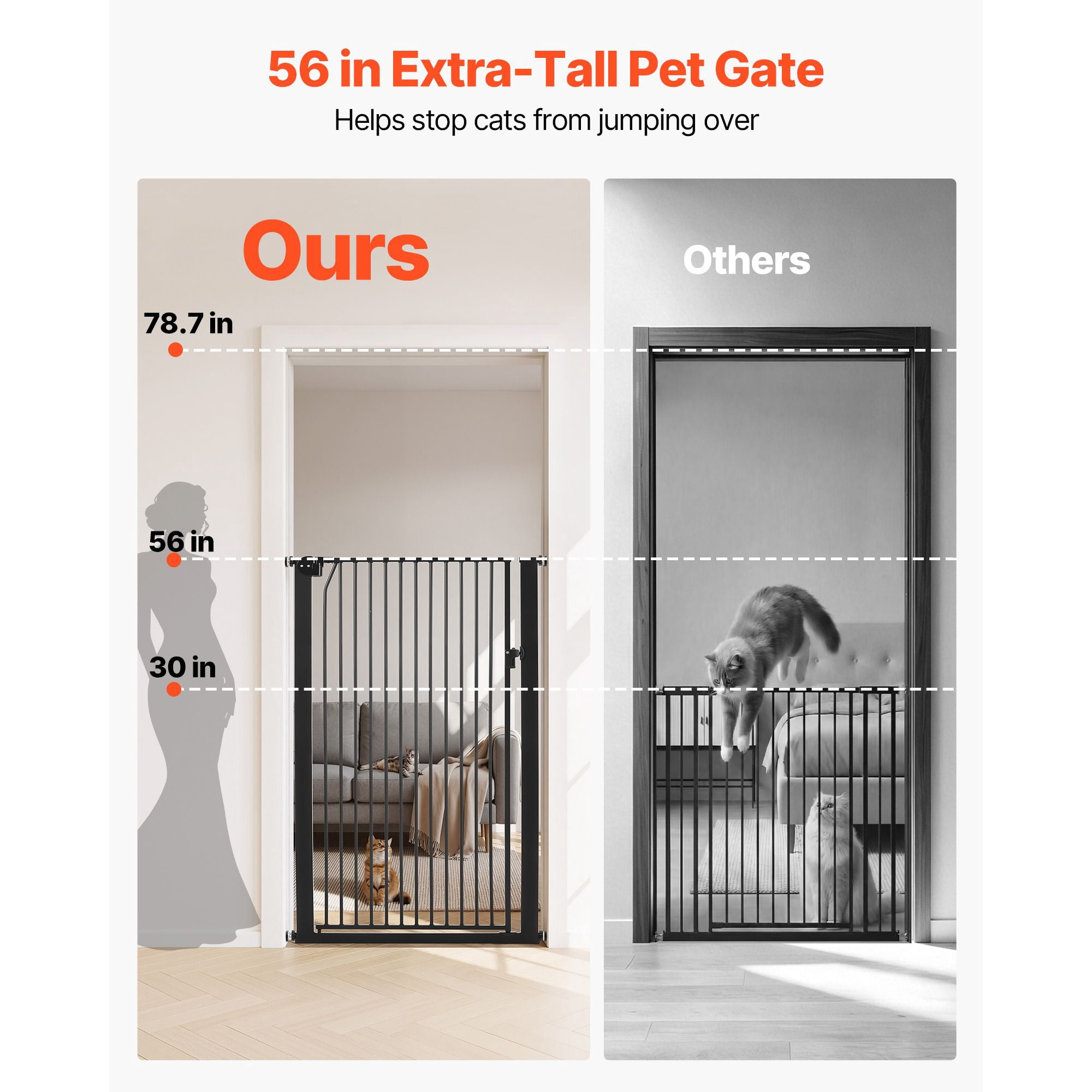 Extra Tall Pet Gate for Cats, 29-41 in Adjustable Width, 56 in High Dog Gate, with Pressure Mount Kit and Wall Mount Kit, 1.3 in Narrow Bar Spacing, for Stairs, Doorways, and House, Black