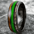 thumbnail image 2 of Green Fishing Line Wedding Band Ring for Men Black Tungsten Carbide Whiskey Barrel Oak Wood and Deer Antler Inlays, 2 of 5