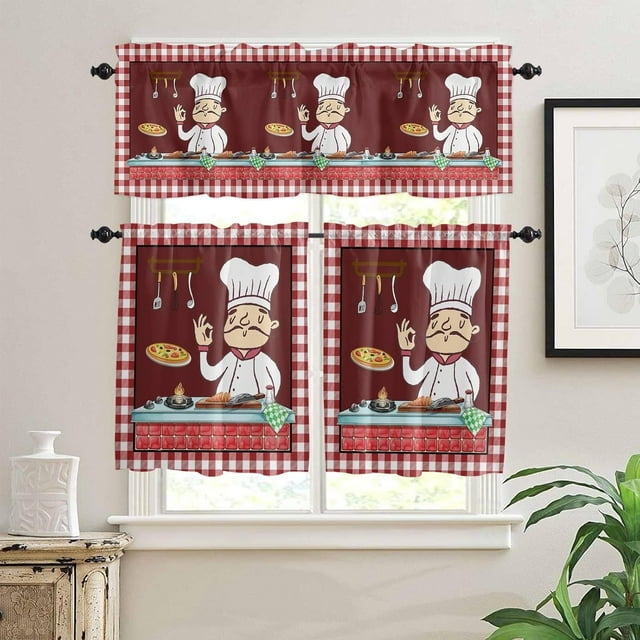Kitchen Cafe Window Tier Curtains and Valance 3 Pieces Set Cartoon Chef Cooking Pizza Rod Pocket Window Valances Panel Privacy Short Drapes Treatment for Bedroom Rustic Red White Checkered Border