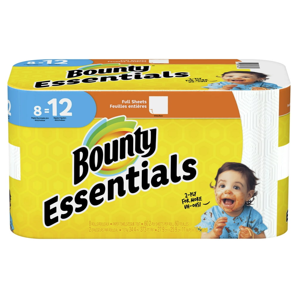 Bounty Essentials Paper Towels, White, 8 Single Plus Rolls = 12 Regular Rolls