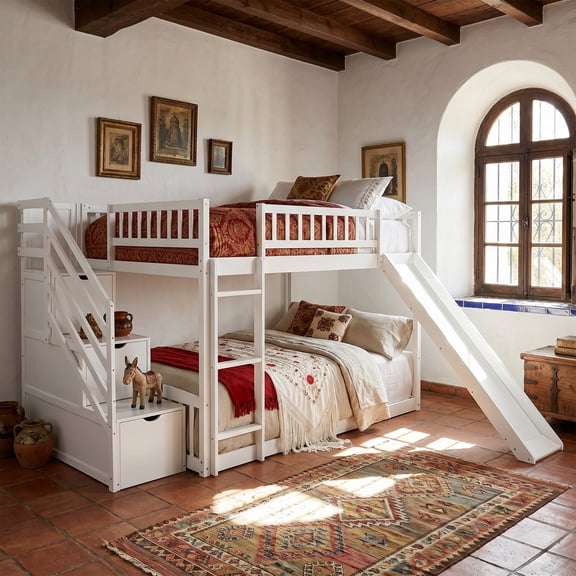 Full over Full Bunk Bed Frame with 2 Drawers and Slide, Modern Wood Bunk Bed with Storage Staircase and Ladder for Kids Boys, Girls, Bedroom, Apartment, Mattress Not Included, White