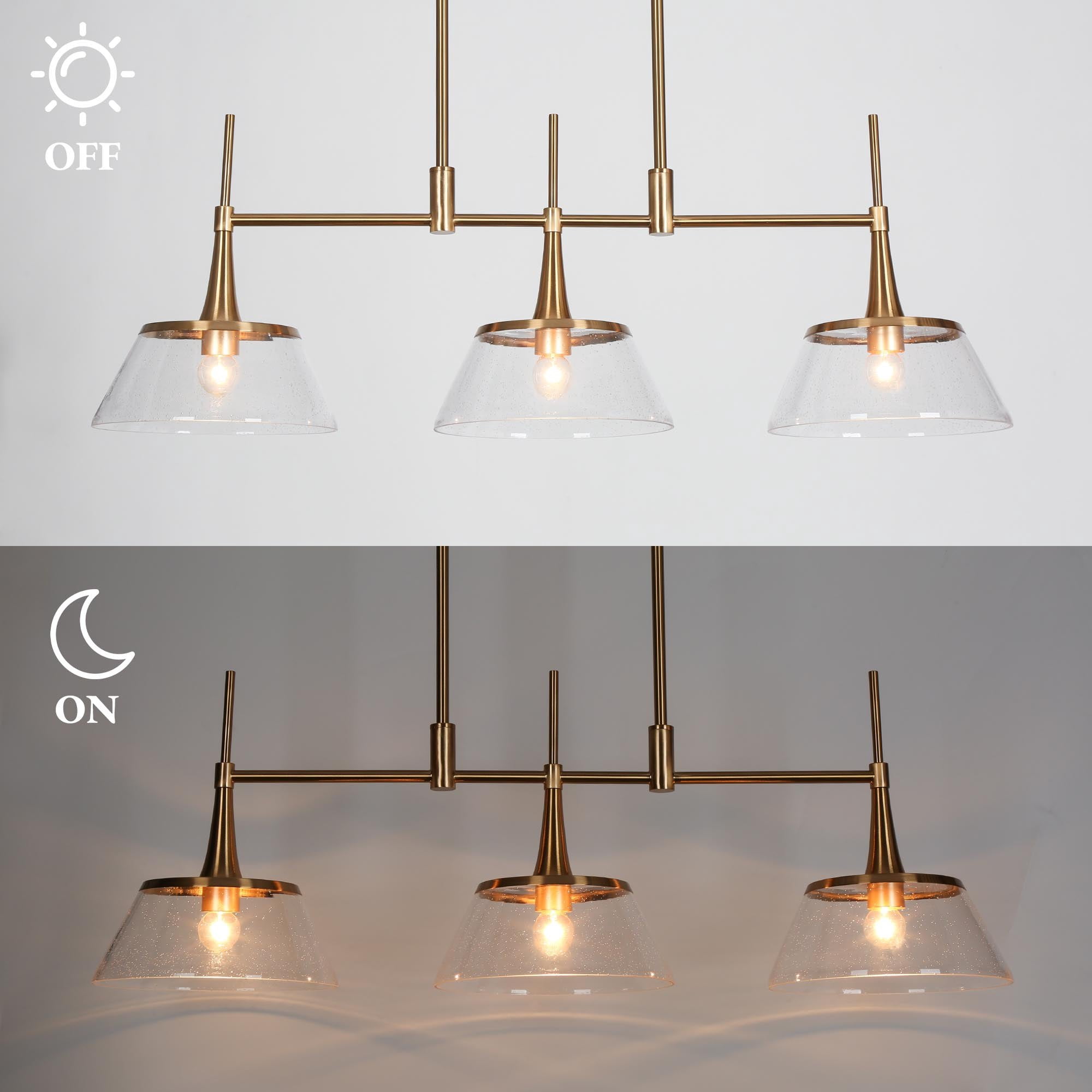 LNC 3-Light Linear Modern Brass E12 Hardwired Kitchen Island Pendant with Seeded Glass Shades