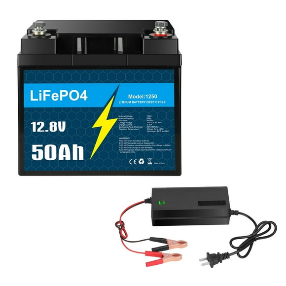 12V 50Ah LiFePO4 Lithium Battery with Charger, for RV Camping Marine Solar