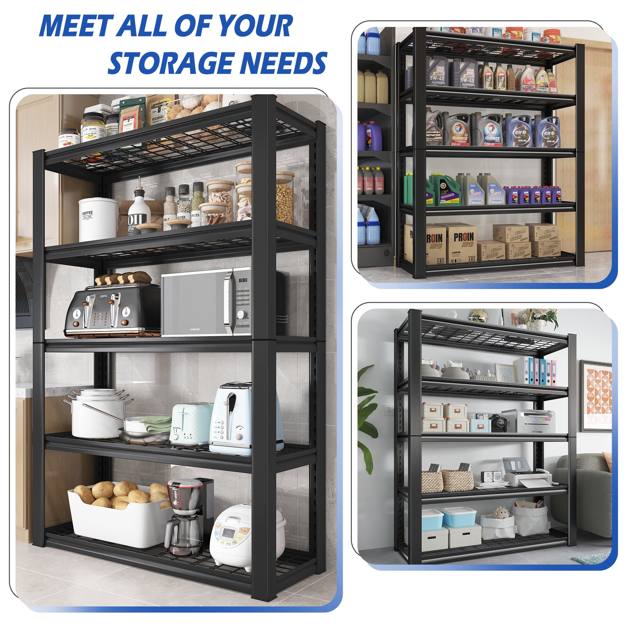 REIBII 2 Pack 5-Tier Garage Shelving Unit Heavy Duty Storage Shelves Holds 2000LBS, Adjustable Metal Shelving Garage Storage Shelves Industrial Shelving Unit for Basement,Black