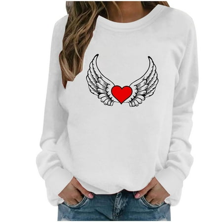 

Juebong Women Valentines Day Pullover Sweatshirts Long Sleeve Love Heart Sweater Crewneck Casual Fall Tops T-Shirts White shirts for women M