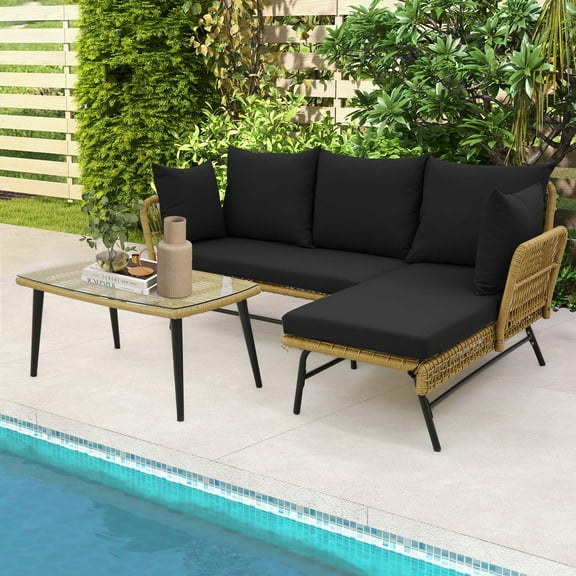 Costway 3 PCS L-Shaped Patio Sofa Set Conversation Furniture with Cushions Deck Garden black