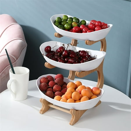 

WHXGG 3 Tier Ceramic Fruit Bowl With Bamboo Wood Stand for Kitchen Counter Porcelain Fruit Basket for Vegetable Storage Snack Dessert Cake Tray Plate Rack