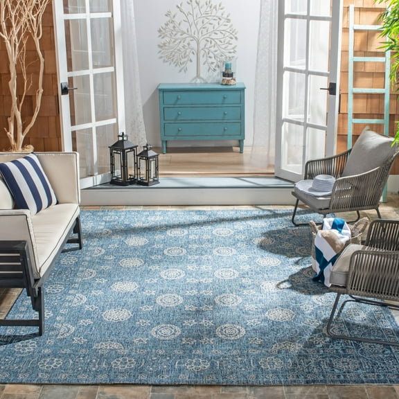 SAFAVIEH Courtyard Lyssa Novelty Indoor/Outdoor Area Rug, Navy/Grey, 8' x 10'