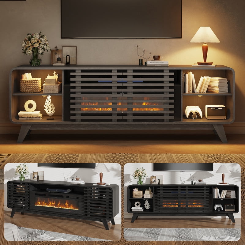 BaPiPro Mid‑Century Modern Fireplace TV Stand with 36 Inch Electric Fireplace 12‑Color RGB LED Lights Fits TVs up to 80 Inch Wood Media Console with Slatted Sliding Doors for Living Room Black
