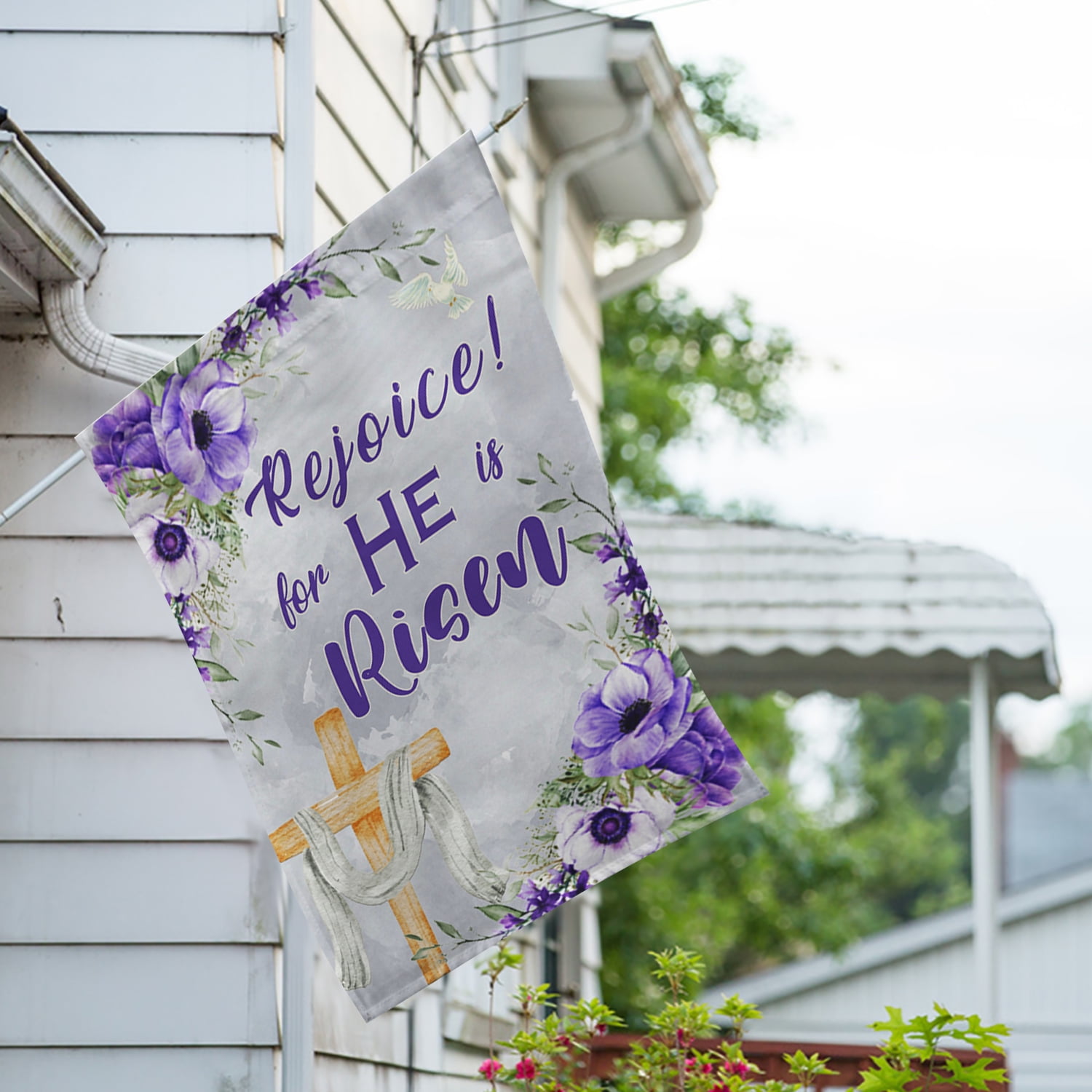 America Forever He is Risen Easter House Flag 28 x 40 inch Double Sided Rejoice Religious Cross Purple Pansy Flowers Small Spring Holiday Seasonal Easter Day Flags for Outdoor Yard Lawn Decoration