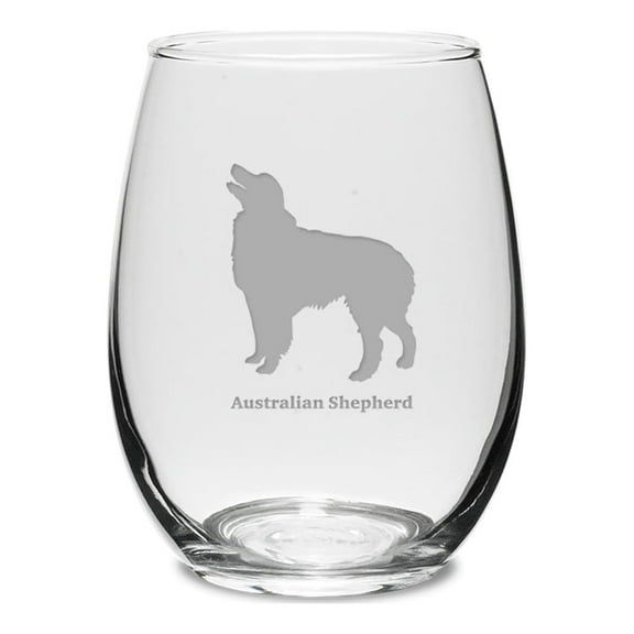 Australian Shepherd Deep Etched 15 oz Stemless White Wine Glass
