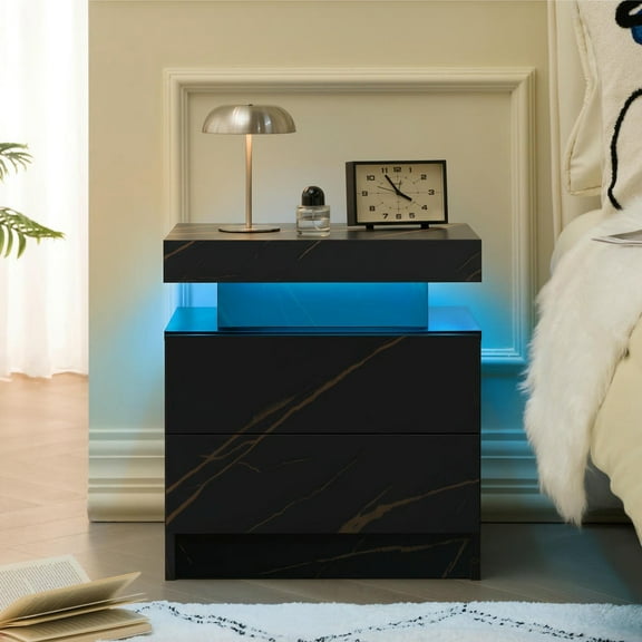 YYAo Modern 2 Drawer Nightstand, End Table Bedside Table with LED Lights for Living Room, Bedroom, Black