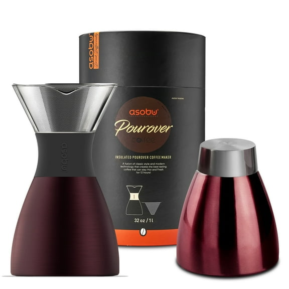 Asobu Insulated Pour Over Coffee Maker (32 oz.) Double-Wall Vacuum, Stainless-Steel Filter and Take on the Go Carafe (Burgundy)